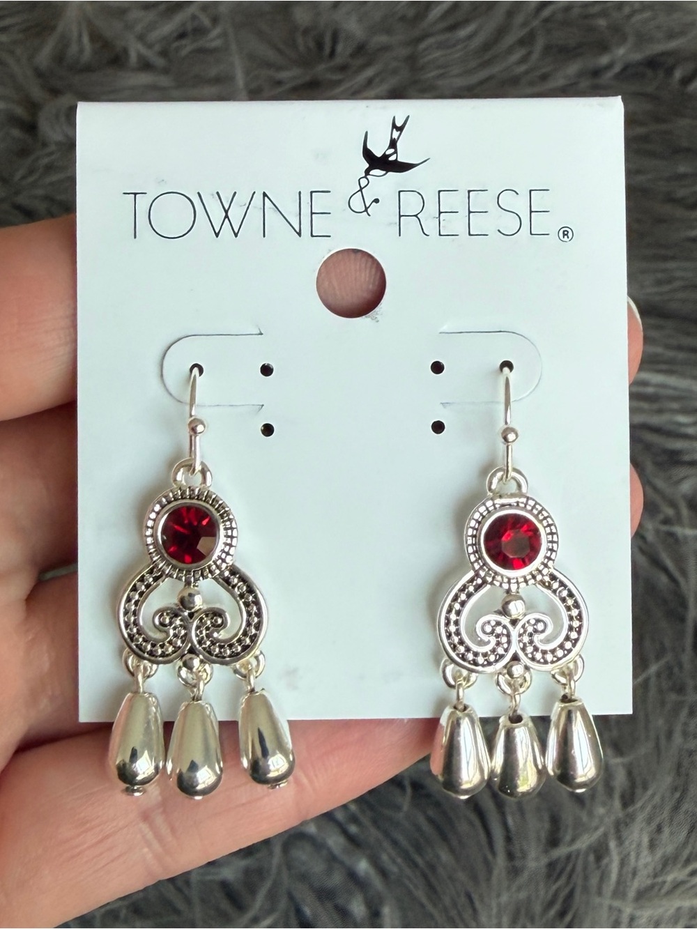 Towne & Reese Silver Tone Red Crystal Accent Bohemian Dangle Hook Earrings NEW
